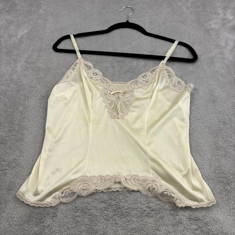 VTG Lace Trim Satin Camisole Crop Tank Top Womens M Ivory Fairy‎ Dainty Feminine